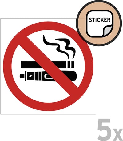 Pictogram/ stickers (5x) | Roken en vapen verboden | 10 x 10 cm | Rookvrije zone | Rookvrije | Rookverbod | Sticker | Sigaretten | Verbodsbord | Vape | Dampen | Voordeel verpakking | 5 stuks