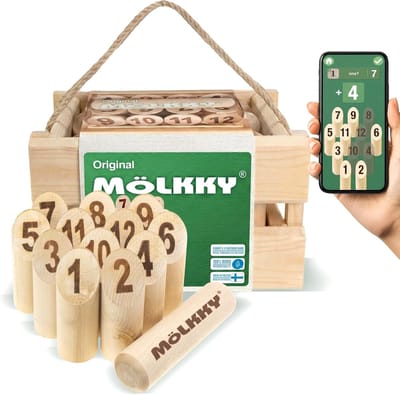 Werpspel Hout - Buitenspel Tuin - Familie Vrienden - Authentiek Fins Spel - 12 Kegels 1 Stok - Natuurlijk