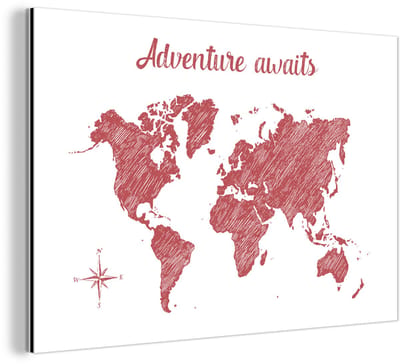 Aluminium schilderij 120x80 cm - Wanddecoratie metaal - Wereldkaart - Rood - Quote - Metalen muurdecoratie woonkamer - Decoratie industrieel - Foto op dibond - Industriële accessoires slaapkamer