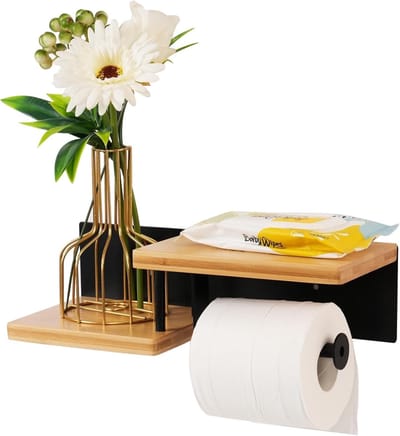 Toiletpapierhouder met plank, wc-rolhouder van hout zonder boren, toiletpapierhouder van hout voor meerdere rollen, wc-papierhouder voor badkamer en keuken