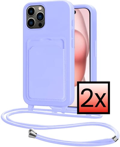 Hoes Geschikt voor iPhone 14 Pro Hoesje Pasjeshouder Cover Met Koord Case Siliconen Hoes Met Telefoonkoord en Kaarthouder - Lila - 2 PACK
