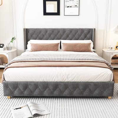 140 x 190 cm Gestoffeerd bed - Tweepersoonsbed - Houten poten - Zonder matras - Fluweel - Grijs