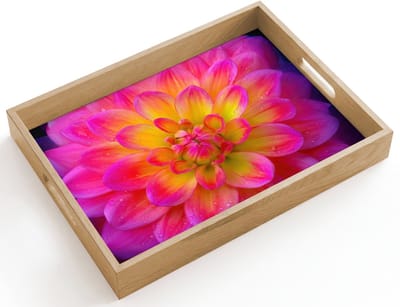 Dienblad hout 40x30 cm - Schootdienblad - Roze - Dahlia - Kleurrijk - Borrelplank rechthoek - Plateau dienbladen