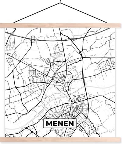 Posterhanger incl. Poster 40x40 cm - Schoolplaat - Kaart – Plattegrond – Stadskaart – Menen – België – Zwart Wit - Textielposter - Blanke latten - Stadskaart
