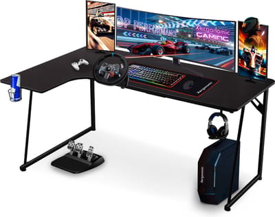 Neon Game Bureau Hoekopstelling - Xergonomic Gaming bureau - Koptelefoonhouder, bekerhouder & 2 Kabel organizers - Gaming Desk met Carbon Fiber Coated Toplaag - D60-100xB40-160xH75 cm - Zwart