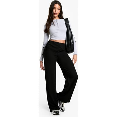 boohoo Dames Geribbelde en geplooide zijbroek met wijde pijpen | Black | Maat: 8
