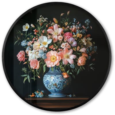 Poster in lijst Rond - Fotolijst 60x60 cm - Posters - Roze - Bloemen - Vaas - Kleuren - Ronde posterlijst zwart - Decoratie - Wanddecoratie woonkamer - Muurdecoratie slaapkamer