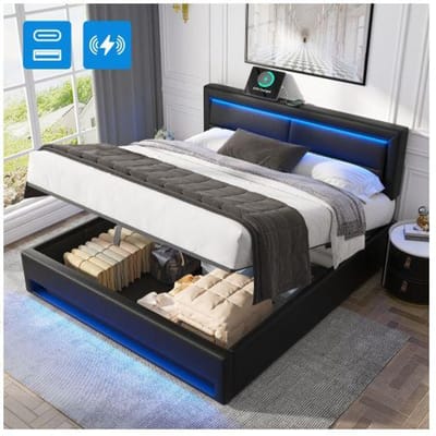 Lit rembourré - MUVOE - 140 x 200 cm - USB - Éclairage LED - Rangement sous le lit noir