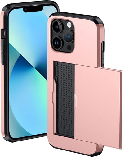 Hoesje Geschikt voor iPhone 14 Pro Max Hoesje Met Pasjeshouder Hard Case Met Kaarthouder - Hoes Geschikt voor iPhone 14 Pro Max Hoesje Pashouder Case - Rosé goud