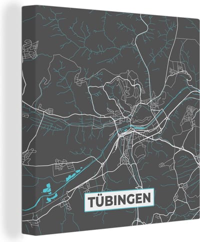 Canvas Schilderij Blauw – Duitsland – Plattegrond – Stadskaart – Kaart – Tübingen - 20x20 cm - Wanddecoratie