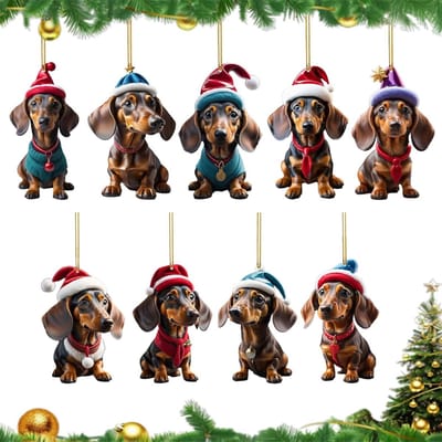 9 Stuks Teckel Kerstversieringen - 2D Ornamenten, Hanger en Decoraties voor de Kerstboom, Acryl Hondenspeelgoed en Cadeaus voor Teckelliefhebbers (8cm)