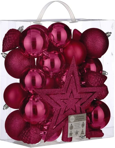 39x stuks kunststof kerstballen en kerstornamenten met ster piek roze mix - Kerstversiering/kerstboomversiering