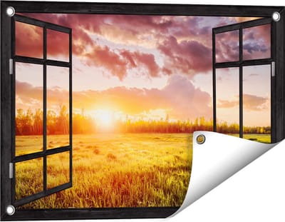 Gards Tuinposter Doorkijk Zonsopkomst in het Veld - 60x40 cm - Tuindoek - Tuindecoratie - Wanddecoratie buiten - Tuinschilderij