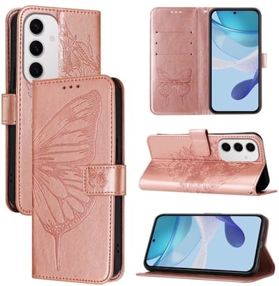 Voor Samsung Galaxy S24 FE 5G Geborduurde vlinder leren telefoonhoes (roségoud)