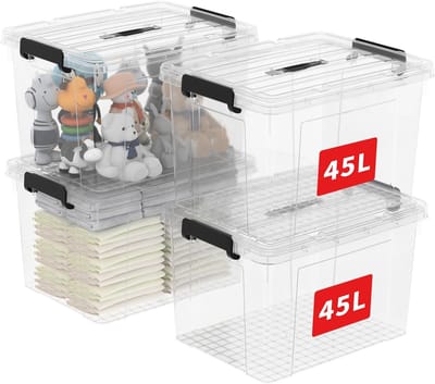 Famanu 45L x 4 opbergdozen, plastic opbergdoos met deksels, organiserende container met handvat en veilige vergrendelende gespen, stapelbaar, nestbaar, draagtas voor thuiskantoor kleding, 45L-4Pack