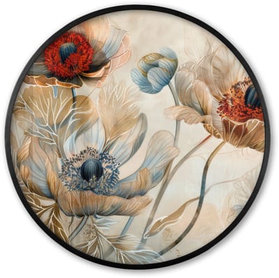 Poster in lijst Rond - Fotolijst 60x60 cm - Posters - Bloemen - Beige - Modern - Illustratie - Ronde posterlijst zwart - Decoratie - Wanddecoratie woonkamer - Muurdecoratie slaapkamer