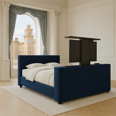 Boxspring met TV-lift Monza Luxe pocketvering Stof met Gratis 2x Hoofdkussens 130x190 cm donkerblauw