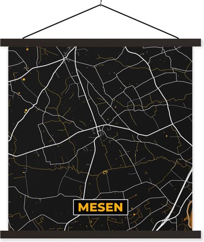 Posterhanger incl. Poster 60x60 cm - Schoolplaat - Mesen - Stadskaart - Goud - Plattegrond - Kaart - Textielposter - Zwarte latten - Stadskaart