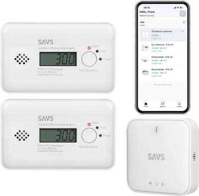 SAVS LinkSmart® Slimme bundel - 2 C10-W Koolmonoxidemelders en G10 Gateway - Werkt via app - WiFi - Draadloos RF koppelbaar - CO melder - Smart home