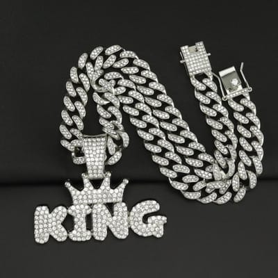 Collier avec pendentif Couronne Hip Hop Lettre KING pour Homme Chaîne Cubaine Cristal Iced Out Bling Colliers Hiphop Bijoux Rock Biker gray