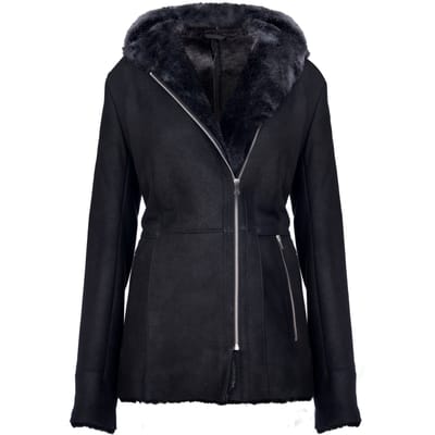Dames zwart Merino schapenvachtjack met capuchon-Mandalay