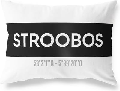 Tuinkussen STROOBOS - FRIESLAND met coördinaten - Buitenkussen - Bootkussen - Weerbestendig - Jouw Plaats - Studio216 - Modern - Zwart-Wit - 50x30cm