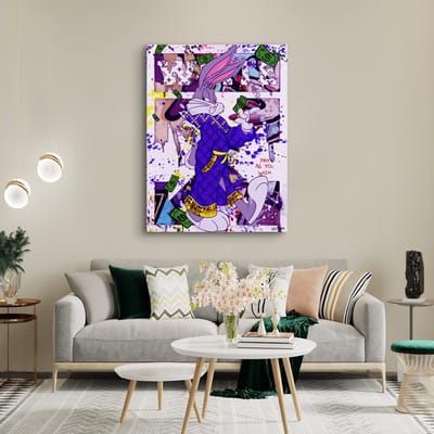 Kanwall - Schilderij - Luxe Woonkamer Slaapkamer Konijn Haas Cartoon Design Art ** Dik! Effect** - Wit, Blauw En Paars - 100 X 75 Cm