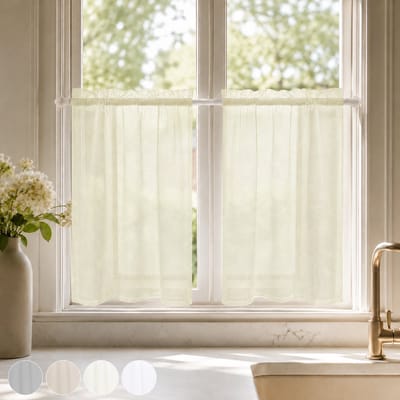 Qelus Waterafstotende Vitrage - Korte Gordijnen - 84x61cm - Raamvalletje - waterafstotend - linnenlook - lichtdoorlatend - dubbele tunnelzoom - voor keuken - badkamer - Beige - 1 Stuk