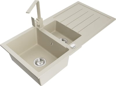 Mexen Andres granieten gootsteen 1,5-komers met lekbak en keukenmengkraan Rita, beige - 6515-69-670300-69