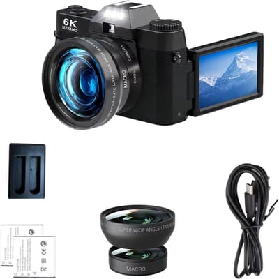 6K Vlogcamera 64MP – Digitale Compactcamera voor YouTube, 16x Zoom, 180° Flip Scherm, WiFi, Flash – Zonder SD‑kaart