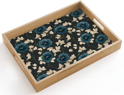 Dienblad hout 40x30 cm - Schootdienblad - Botanisch - Bloemen - Blauw - Borrelplank rechthoek - Plateau dienbladen