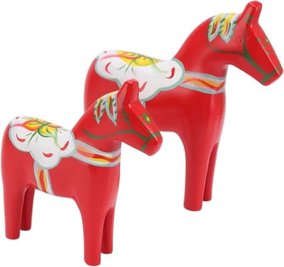 Set van 2 Handgeschilderde Rode Dala Paarden Ornamenten - Klassieke Houten Decoratie voor Kerstmis en Thuisdecoratie