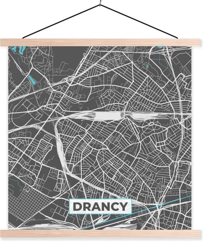 Posterhanger incl. Poster 40x40 cm - Schoolplaat - Drancy - Frankrijk - Kaart - Stadskaart - Plattegrond - Textielposter - Blanke latten - Stadskaart