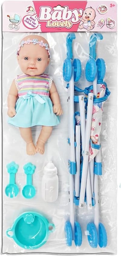 Pop met kinderwagen - Poppenhuis speelgoed - Realistisch rollenspel - Bevordert verantwoordelijkheid - 25 x 8 x 565 cm - Blauw