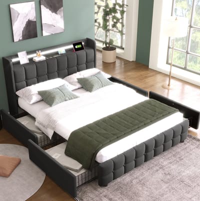 MEUNIQ bedframe 140x200 cm met LED-verlichting, USB en stopcontacten in hoofdbord, 4 lades, houten lattenbodem, tweepersoons bed voor slaapkamer, grijs