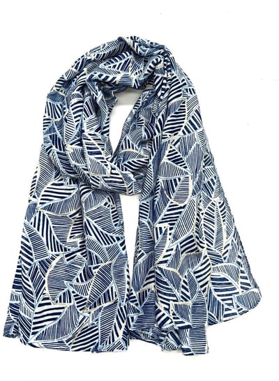 Lange dames sjaal Tessa fantasiemotief blauw wit goud