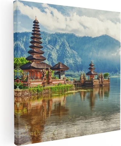 Artaza Canvas Schilderij Ulun Danu Bratan - 30x30 cm - Klein - Muurdecoratie Bali - Wanddecoratie Bergen - Kamer Accessoires