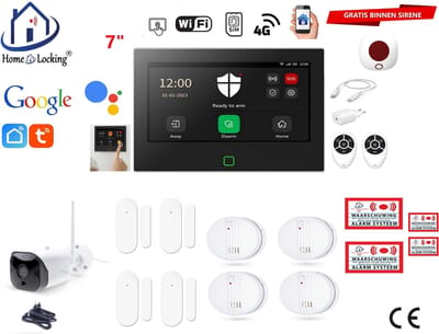 Draadloos / bedraad alarmsysteem met 7-inch touchscreen voor woning/camper/boot/caravan werkt met wifi en sim kaart en met spraakgestuurde apps. (Nederlands of Frans stem en tekst). ST01B-27