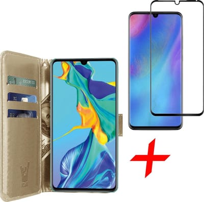 Hoesje geschikt voor Huawei P30 + Screenprotector Tempered Glass Full Screen - Kunstlederen TPU Book Case Portemonnee Flip Wallet - Goud