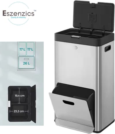 Eszenzics™ Prullenbak AS3 - Afvalscheiding - 60 Liter - 3 vakken - Afvalbak - Duurzaam en degelijk - Druktoets - Extra breed pedaal - RVS/zwart - Pedaalemmer