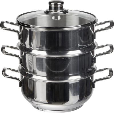 Stoompan - Stoommandje - Stoofpan met Deksel - 3 Laags - Zilver met Zwart - Koken