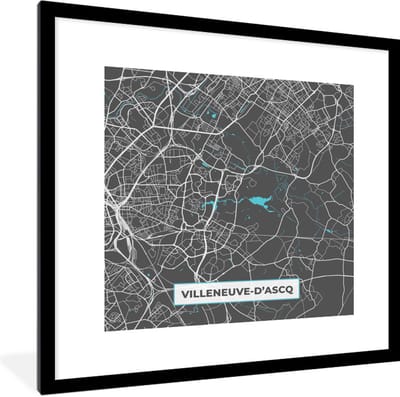 Fotolijst incl. Poster - Villeneuve-d'Ascq - Plattegrond - Kaart - Stadskaart - Frankrijk - 40x40 cm - Posterlijst