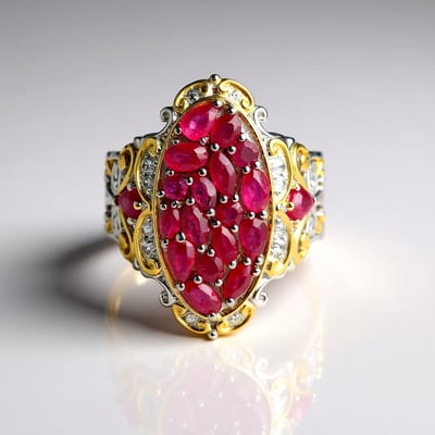 Cavill - Luxe Zilveren Ring 925 met 3,906 ct Birmese Robijn - Ovaal, Peervormig & Marquise Slijpsel - Gouden Accenten
