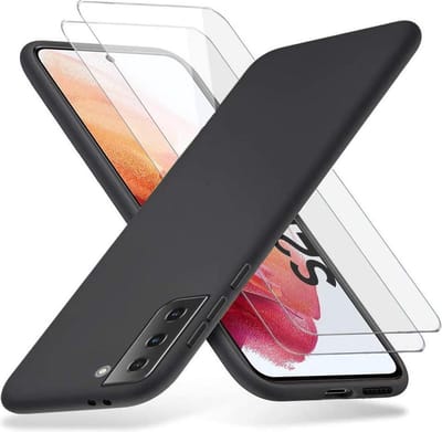 Soft Back Cover Hoesje Geschikt voor: Samsung Galaxy S21 Zwart TPU Siliconen Soft Case + 2X Tempered Glass Screenprotector