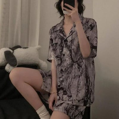Mode Nachtkleding Satijnen Nachtkleding 2-delige Pyjama Casual Pyjama Set met Shorts Zacht Glad Inkt Schilderij M gray