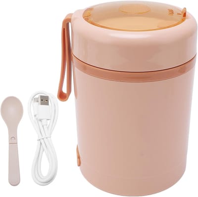 600ML Elektrische Lunchbox - Draagbare Voedselverwarmer van RVS met Lepel, USB Voeding, 60°C Constant Temperatuur, Ideaal voor Reizen en Kantoorgebruik (ROZE)