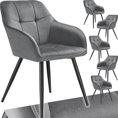 tectake® Eetkamerstoelen Marilyn - Set van 6 - Gestoffeerde Stoel in Fluweellook - Stikpatroon - Zwarte Stoelpoten - Ergonomische Keukenstoel - Doorlopende Rugleuning en Armleuningen - Stoel voor Woonkamer, Eetkamer, Slaapkamer - Grijs