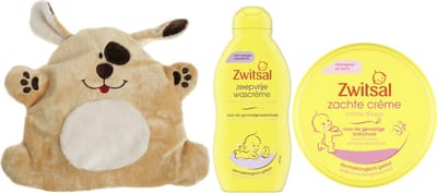 Zwitsal Cadeauset Baby & Cherry Belly Warmteknuffel Hond - Zwitsal Zachte Creme Pot - Zwitsal Wascreme - Cherry Belly Baby Warmteknuffel
