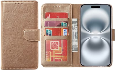 Hoesje Geschikt voor iPhone 16 Plus – Arara bookcase met pasjeshouder - Goud