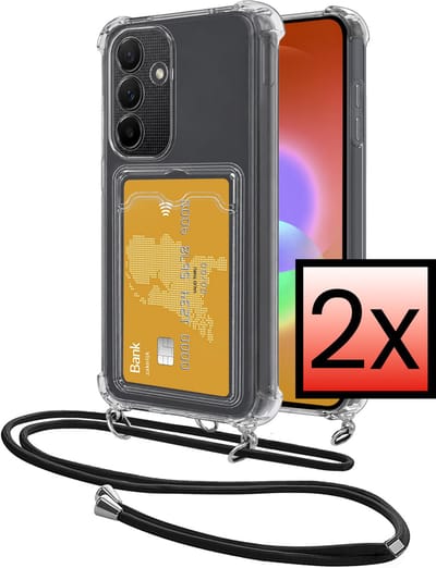 Hoes Geschikt voor Samsung Galaxy A27 Hoesje Pasjeshouder Cover Met Koord Shock Proof Case Siliconen Hoes Met Telefoonkoord en Kaarthouder - Transparant - 2 PACK